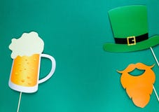 Creative st Patricks Day green background. Flat lay composition of Irish holiday celebration with photo booth decor royalty free illustration Creative st Patricks Day green background. Flat lay composition of Irish holiday celebration with photo booth decor royalty free illustration