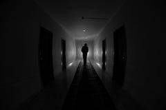 Creepy Silhouette In The Dark Abandoned Building. Dark Corridor With Cabinet Doors And Lights With Silhouette Of Spooky Horror Per Stock Image Creepy Silhouette In The Dark Abandoned Building. Dark Corridor With Cabinet Doors And Lights With Silhouette Of Spooky Horror Per Stock Image