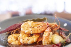 Crevettes roses enormes délicieuses avec de la sauce à poivrons rouges et à ail de beurre images libres de droits Crevettes roses enormes délicieuses avec de la sauce à poivrons rouges et à ail de beurre images libres de droits