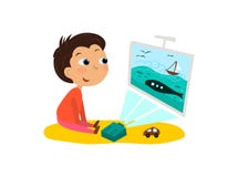 A criança olha os desenhos animados, tevê Vector a ilustração de um menino e de um projetor ilustração royalty free A criança olha os desenhos animados, tevê Vector a ilustração de um menino e de um projetor ilustração royalty free