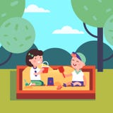 Crianças menino e menina que jogam no sandpit ilustração do vetor Crianças menino e menina que jogam no sandpit ilustração do vetor