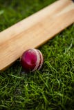 Cricket bat and ball on green grass stock photography Cricket bat and ball on green grass stock photography