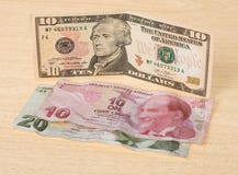 Crisis financiera: nuevos dólares sobre liras turcas arrugadas Fotos de archivo libres de regalías Crisis financiera: nuevos dólares sobre liras turcas arrugadas Fotos de archivo libres de regalías