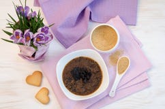 Flowers, cookies and porridge of amaranth with prunes Stock Photography Flowers, cookies and porridge of amaranth with prunes Stock Photography