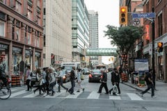 Croisement vu par piétons à une jonction dans une grande ville canadienne photos libres de droits Croisement vu par piétons à une jonction dans une grande ville canadienne photos libres de droits