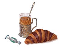 Croissant, καραμέλα στα περιτυλίγματα καραμελών, όμορφος παλαιός κάτοχος γυαλιού με ένα ποτήρι του τσαγιού, που σύρεται με το χέρ διανυσματική απεικόνιση Croissant, καραμέλα στα περιτυλίγματα καραμελών, όμορφος παλαιός κάτοχος γυαλιού με ένα ποτήρι του τσαγιού, που σύρεται με το χέρ διανυσματική απεικόνιση