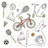 Croquis de style de griffonnage Vélo d'activité de sport, patins de rouleau, scooter, planche à roulettes, boules, raquettes de t illustration stock Croquis de style de griffonnage Vélo d'activité de sport, patins de rouleau, scooter, planche à roulettes, boules, raquettes de t illustration stock