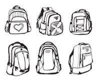 Croquis noir et blanc de sac d'école sur le fond blanc Image libre de droits Croquis noir et blanc de sac d'école sur le fond blanc Image libre de droits