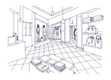 Croquis à main levée monochrome de salle d'exposition d'habillement, de boutique, de magasin à la mode de mode ou d'intérieur de illustration libre de droits Croquis à main levée monochrome de salle d'exposition d'habillement, de boutique, de magasin à la mode de mode ou d'intérieur de illustration libre de droits
