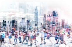 Crowd of anonymous people walking on busy city street - abstract city life concept