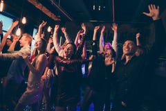 Crowd of cheerful company students want celebrate university high-school graduation go nightclub enjoy fest dance party