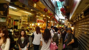 Crowd of visitors and tourists visit Jiufen old street, Taipei, Taiwan