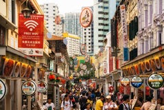 Crowded street with street food in Chinatown in Singapore royalty free stock images Crowded street with street food in Chinatown in Singapore royalty free stock images