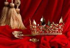 Crown and scepter on red velvet stock photos Crown and scepter on red velvet stock photos
