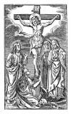Vintage Antique Religious Biblical Drawing or Engraving of Crucified Jesus Christ Dies on the Cross, Surrounded by Women