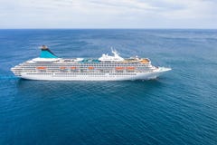 Cruise Ship Liner Sails In The Blue Sea Leaving A Plume, Seascape. Aerial View The Concept Of Sea Travel, Cruises Royalty Free Stock Images