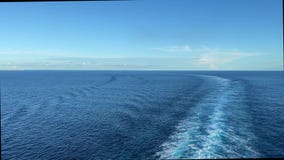 A cruise ship wake in the Atlantic Ocean on a sunny day with dark blue water and clear skies