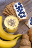 Crunchy cereal breakfast, banana smoothie. stock images Crunchy cereal breakfast, banana smoothie. stock images