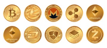Cryptocurrency logo set - bitcoin, litecoin, ethereum, ethereum classic, monero, ripple, zcash dash stratis nem. Golden