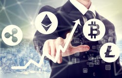 Cryptocurrencyconcept met zakenman stock foto Cryptocurrencyconcept met zakenman stock foto