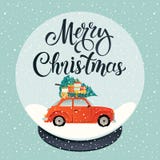Crystal snow globe on black stand isolated on transparent vector background. Red car with christmas tree and gift boxes stock illustration Crystal snow globe on black stand isolated on transparent vector background. Red car with christmas tree and gift boxes stock illustration