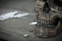 Crâne humain fumant une cigarette, complètement en raison du tabagisme photos stock Crâne humain fumant une cigarette, complètement en raison du tabagisme photos stock