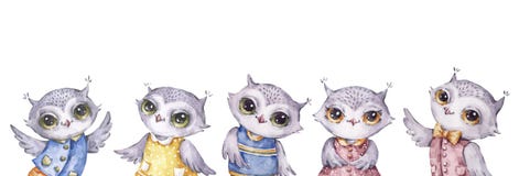Cuatro búhos lindos de la acuarela, colección del pájaro de la historieta stock de ilustración Cuatro búhos lindos de la acuarela, colección del pájaro de la historieta stock de ilustración
