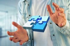 Cuatro pedazos del rompecabezas que hacen un logotipo en un interfaz futurista - 3d ilustración del vector Cuatro pedazos del rompecabezas que hacen un logotipo en un interfaz futurista - 3d ilustración del vector