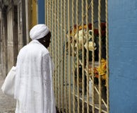 Cuban Lady Dressed In White Looking At Flowers