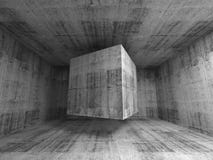 Cube en vol dans l'intérieur concret abstrait de la pièce 3d illustration libre de droits Cube en vol dans l'intérieur concret abstrait de la pièce 3d illustration libre de droits