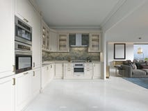 Cucina di deco di arte moderna con gli elementi classici Facciata di vetro ed apparecchi incorporati Interno nei colori beige illustrazione di stock Cucina di deco di arte moderna con gli elementi classici Facciata di vetro ed apparecchi incorporati Interno nei colori beige illustrazione di stock