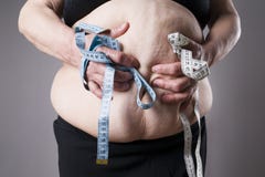 Cuerpo femenino de la obesidad, mujer gorda con la cinta métrica imagen de archivo Cuerpo femenino de la obesidad, mujer gorda con la cinta métrica imagen de archivo