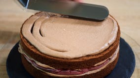 Cuisinier de pâtisserie féminin méconnaissable serrant la crème de chocolat sur le gâteau de couche appétissant dans la cuisine banque de vidéos Cuisinier de pâtisserie féminin méconnaissable serrant la crème de chocolat sur le gâteau de couche appétissant dans la cuisine banque de vidéos