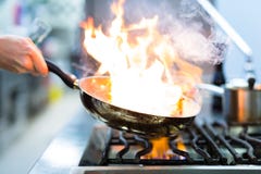 Cuoco unico nella cucina del ristorante alla stufa con la vaschetta fotografia stock libera da diritti Cuoco unico nella cucina del ristorante alla stufa con la vaschetta fotografia stock libera da diritti