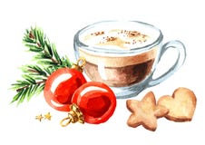 Cup of coffee cappuccino with Christmas cookies and red balls with green fir branch. Watercolor hand drawn illustration isolated o royalty free illustration Cup of coffee cappuccino with Christmas cookies and red balls with green fir branch. Watercolor hand drawn illustration isolated o royalty free illustration