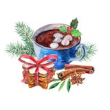 Cup of coffee with zephyr, heap cookies, anise, cinnamon and firtree branch. Watercolor hand-drawn object isolated vector illustration Cup of coffee with zephyr, heap cookies, anise, cinnamon and firtree branch. Watercolor hand-drawn object isolated vector illustration