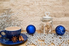 A cup of hot chocolate, blue and silver colors, Christmas mock u royalty free stock images A cup of hot chocolate, blue and silver colors, Christmas mock u royalty free stock images