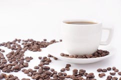 Cup Of Coffee On A White Background With Beans Stock Photo
