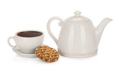 Cup Of Tea With Teapot And A Cookie On White Royalty Free Stock Photo Cup Of Tea With Teapot And A Cookie On White Royalty Free Stock Photo