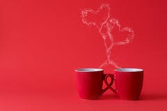Cups Of Tea Or Coffee With Steam In Two Heart Shape On Red Background. Valentine`s Day Celebration Or Love Concept. Copy Space Royalty Free Stock Photography Cups Of Tea Or Coffee With Steam In Two Heart Shape On Red Background. Valentine`s Day Celebration Or Love Concept. Copy Space Royalty Free Stock Photography