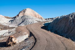 A curving path winds through a colorful, surreal desert landscape and passes by a petrified wood log in Petrified Forest National stock photo A curving path winds through a colorful, surreal desert landscape and passes by a petrified wood log in Petrified Forest National stock photo