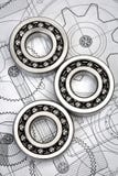 Cuscinetti a sfera sul disegno tecnico fotografie stock Cuscinetti a sfera sul disegno tecnico fotografie stock