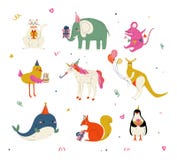 Cute Animals Wearing Party Hats with Birthday Cakes and Gift Boxes Set, Cute Cat, Elephant, Mouse, Chicken, Kangaroo vector illustration Cute Animals Wearing Party Hats with Birthday Cakes and Gift Boxes Set, Cute Cat, Elephant, Mouse, Chicken, Kangaroo vector illustration