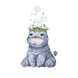 Cute baby Hippo Hand drawn adorable watercolor illustration on white background