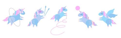 Cute baby unicorns in rhythmic gymnastics. Set of beautiful pony doing rhythmic gymnastics with ribbon, ball, hoop, skipping rope stock illustration Cute baby unicorns in rhythmic gymnastics. Set of beautiful pony doing rhythmic gymnastics with ribbon, ball, hoop, skipping rope stock illustration