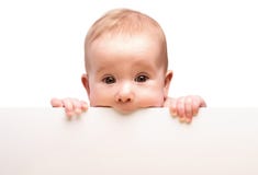Cute baby with white blank banner isolated