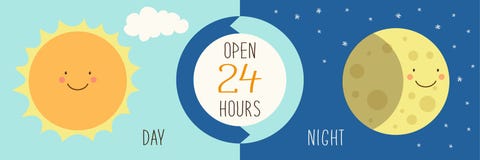 Cute banner for day and night shop with hand drawn smiling cartoon characters of Sun and Moon Royalty Free Stock Photos Cute banner for day and night shop with hand drawn smiling cartoon characters of Sun and Moon Royalty Free Stock Photos