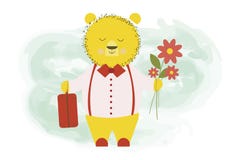 Cute bear returned from a trip with a baggage suitcase and flowers - vector cartoon illustration, character design stock illustration Cute bear returned from a trip with a baggage suitcase and flowers - vector cartoon illustration, character design stock illustration