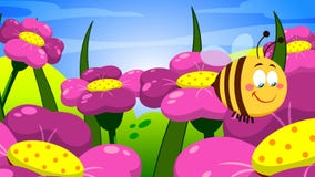 Cute Bee Cartoon Character Flying On Flowers