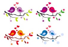 Cute birds with red hearts on tree, vector set